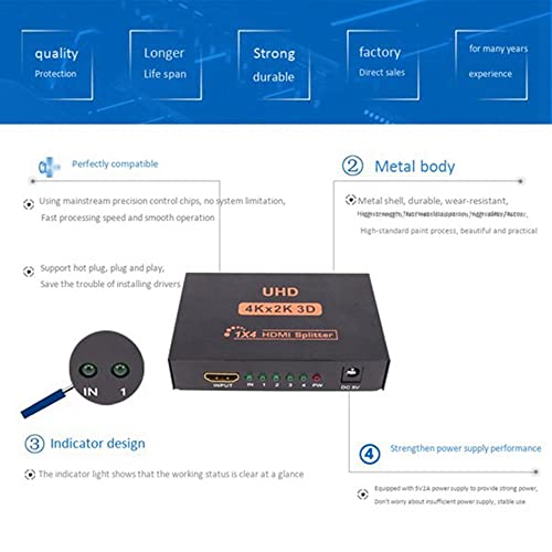 Noblik Divisor Compatible con 4K 1X4 de 1 Puerto a 4 Pantallas Divisor Alimentado por USB Duplicado/Espejo para PS5 de una a Cuatro Salidas