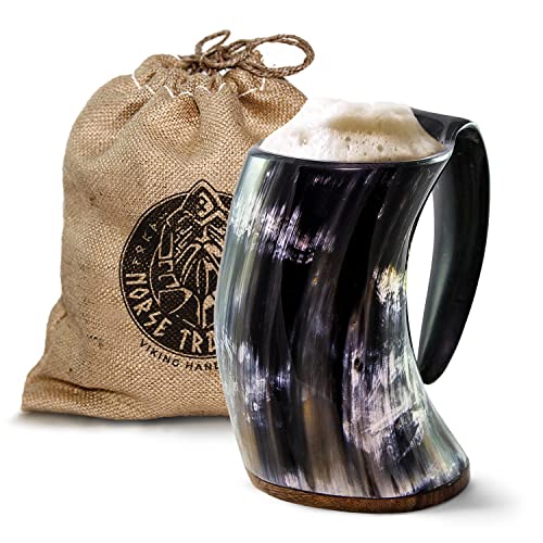 Norse Tradesman Taza de cuerno para beber vikingo original - Jarra de cerveza vikinga premium de 900 ml con fondo de madera dura súper reforzada |"The Original", Pulido, Extragrande