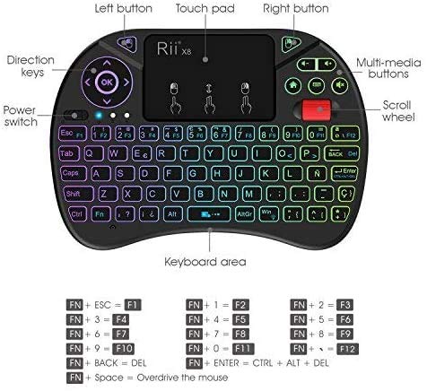 (Nueva versión) 2018 Rii X8 Mini Teclado inalámbrico, Teclado retroiluminado con Pantalla táctil 2.4GHz y Rueda de Scroll, Dispone de 8 Cambios de Color