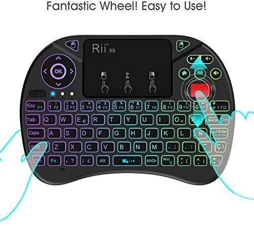 (Nueva versión) 2018 Rii X8 Mini Teclado inalámbrico, Teclado retroiluminado con Pantalla táctil 2.4GHz y Rueda de Scroll, Dispone de 8 Cambios de Color