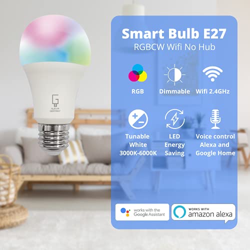 NUOVA GERMANY Bombilla Smart E27 WiFi bombillas LED Alexa, 3000 K-6000 K, RGB + blanco 9 W, WiFi 2,4 GHz, regulable, multicolor, control de grupo, compatible con Alexa Google Home, 2 unidades