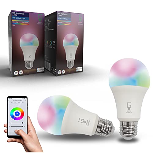 NUOVA GERMANY Bombilla Smart E27 WiFi bombillas LED Alexa, 3000 K-6000 K, RGB + blanco 9 W, WiFi 2,4 GHz, regulable, multicolor, control de grupo, compatible con Alexa Google Home, 2 unidades