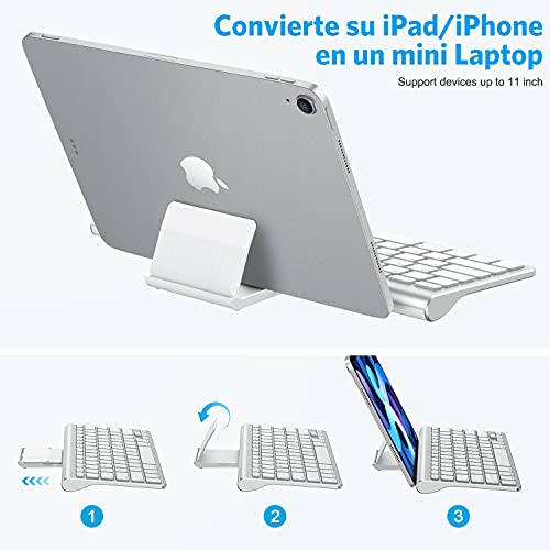 OMOTON Bluetooth Teclado y Ratón Inalámbrico Compatible con iPad/iPad Pro/Air Series, con Soporte Plegable, Ligero y Fácil de Llevar,QWERTY Español Ñ- Plata