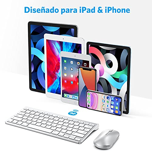 OMOTON Bluetooth Teclado y Ratón Inalámbrico Compatible con iPad/iPad Pro/Air Series, con Soporte Plegable, Ligero y Fácil de Llevar,QWERTY Español Ñ- Plata