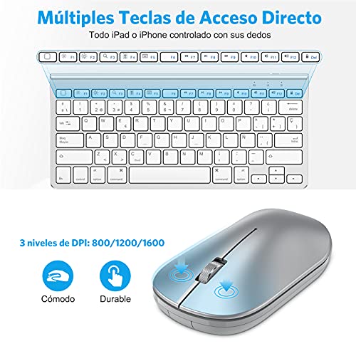 OMOTON Bluetooth Teclado y Ratón Inalámbrico Compatible con iPad/iPad Pro/Air Series, con Soporte Plegable, Ligero y Fácil de Llevar,QWERTY Español Ñ- Plata