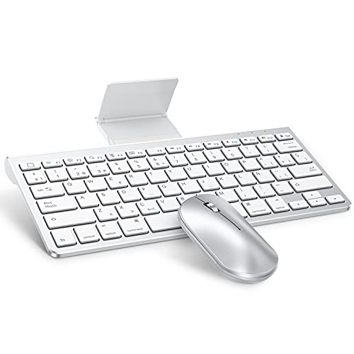 OMOTON Bluetooth Teclado y Ratón Inalámbrico Compatible con iPad/iPad Pro/Air Series, con Soporte Plegable, Ligero y Fácil de Llevar,QWERTY Español Ñ- Plata