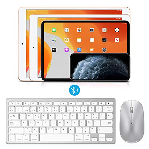 OMOTON Pack Teclado y Ratón inalámbrico Bluetooth Teclado Español y Ratón Compatible con iPad 10.2, iPad Air 4 10.9, iPad 8 2020, iPad 9.7, iPad Air, iPad Pro 10.5, 11, iPad Mini y iPhone, Plata