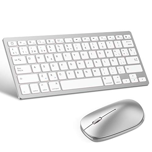 OMOTON Pack Teclado y Ratón inalámbrico Bluetooth Teclado Español y Ratón Compatible con iPad 10.2, iPad Air 4 10.9, iPad 8 2020, iPad 9.7, iPad Air, iPad Pro 10.5, 11, iPad Mini y iPhone, Plata