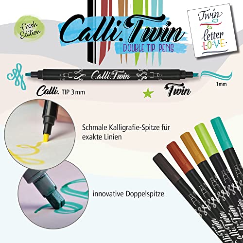 Online Calli.Twin Fresh Double Line Pen - Juego de 5 rotuladores de doble punta para escritura a mano, juego de caligrafía, punta de caligrafía y punta dividida para diarios, acuarelas y acuarelas