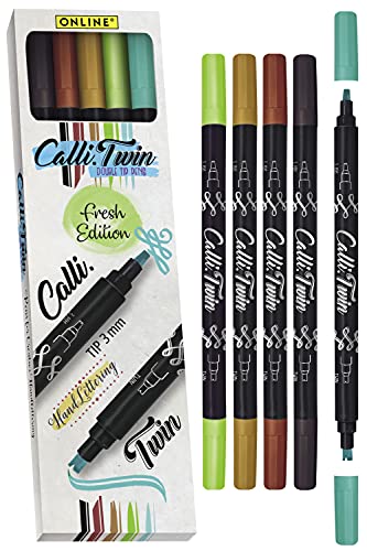 Online Calli.Twin Fresh Double Line Pen - Juego de 5 rotuladores de doble punta para escritura a mano, juego de caligrafía, punta de caligrafía y punta dividida para diarios, acuarelas y acuarelas