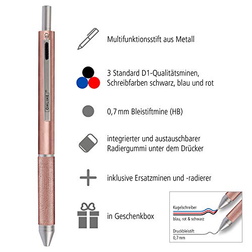 Online Multipen 4 en 1 oro rosa, bolígrafo y lápiz multifunción de metal, 3 minas de bolígrafo en azul, negro y rojo, 1 mina portaminas, incluye goma de borrar, en caja de regalo