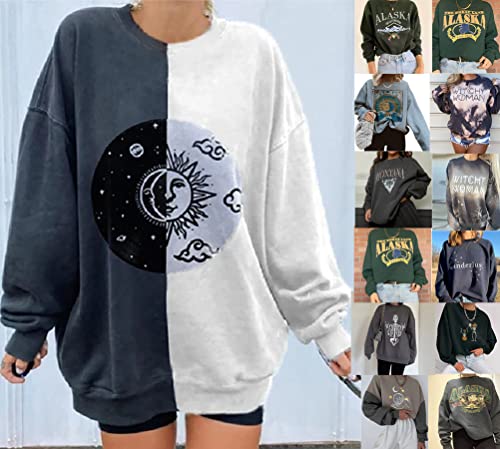 Onsoyours Sudadera para Mujer Manga Largos Cuello Redondo Oversize Blusa Vintage Estampado Pullover Sweatshirt Streetwear Largos Suelto Casual Tops X3 Café M