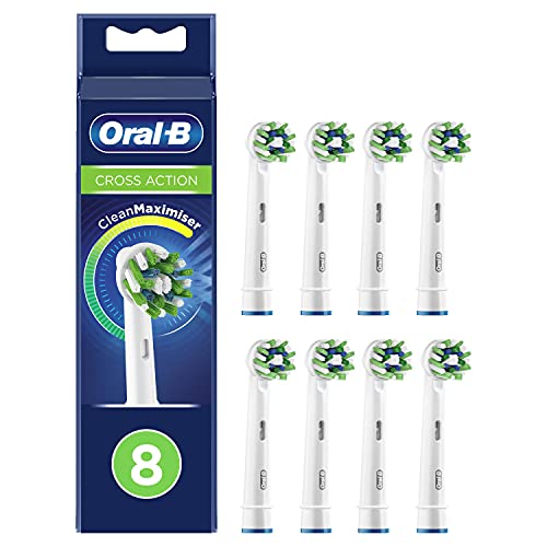 Oral-B CrossAction Recambios Cepillo de Dientes Eléctrico con Tecnología Clean Maximiser, Pack de 8 Cabezales, Blanco - Originales, (Tamaño Buzón)