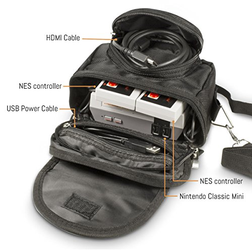Orzly Bolsa de Viaje para la Nintendo NES Classic Edition (Nuevo Modelo 2016 Versión Mini de la Consola NES) Consola + Cable + 2 Mandos – Incluye Correa + Asa – Negro