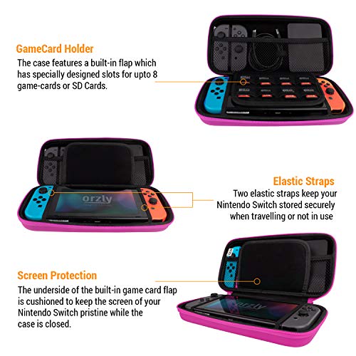 Orzly Estuche de Transporte Compatible con Nintendo Switch y la Nueva Consola OLED Switch - Estuche Protector de Viaje portátil Duro de Color Rosa con Bolsillos para Accesorios y Juegos