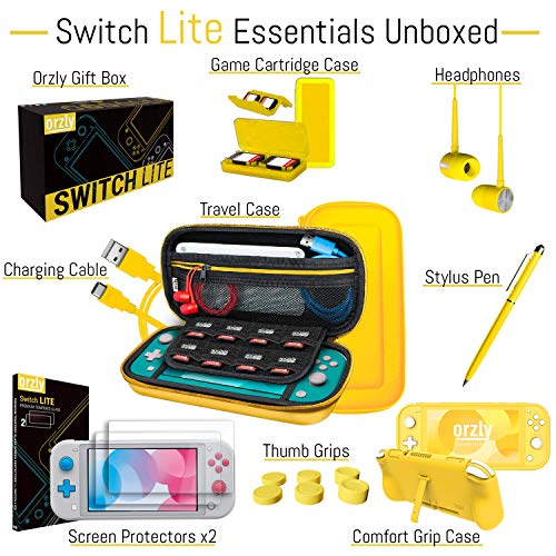 Orzly Paquete de Accesorios para Nintendo Switch Lite – Incluye: Protectores de Pantalla & Funda para Switch Lite Consola, Funda Comfort Grip, Cable USB, Auriculares y más. (Amarillo)