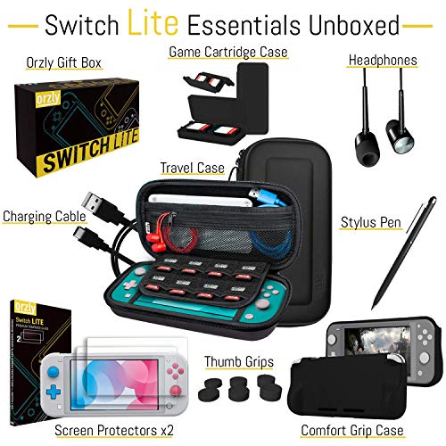 Orzly Paquete de Accesorios para Nintendo Switch Lite – Incluye: Protectores de Pantalla & Funda para Switch Lite Consola, Funda Comfort Grip, Cable USB, Auriculares y más. (Negro)