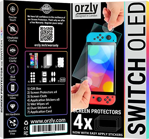 Orzly paquete de protectores de pantalla para la consola OLED de Nintendo switch modelo 2021 - Paquete de 4 vidrio templado con accesorios de fácil instalación Edición de por vida
