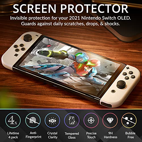 Orzly paquete de protectores de pantalla para la consola OLED de Nintendo switch modelo 2021 - Paquete de 4 vidrio templado con accesorios de fácil instalación Edición de por vida