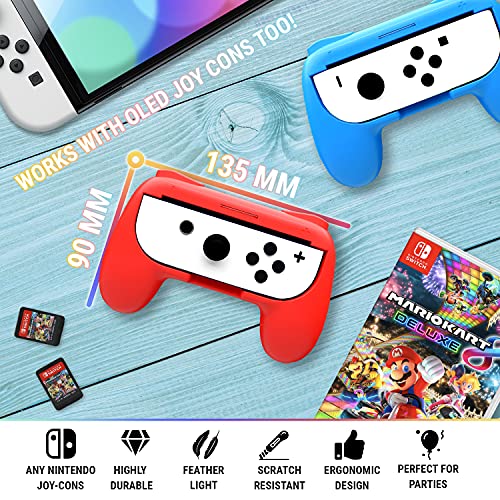 Orzly Switch Mandos Grip Joy-con (Party Pack de 4 Mandos Compatibles con Super Smash Bros Ultimate para Nintendo Switch) 4 Mandos Grip para Juegos Multijugador (1x Rojo, 1xAzul, 2X Negros)