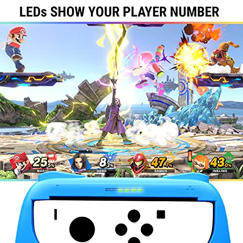 Orzly Switch Mandos Grip Joy-con (Party Pack de 4 Mandos Compatibles con Super Smash Bros Ultimate para Nintendo Switch) 4 Mandos Grip para Juegos Multijugador (1x Rojo, 1xAzul, 2X Negros)