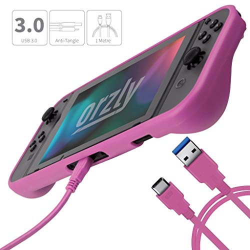 Orzly Ultimate Pack Accesorios para Nintendo Switch [Incluye: Protectores de Pantalla, Cable USB, Funda para Consola, Estuche Tarjetas de Juego, FlexiCase para los mandos JoyCon, Auriculares] – Rosa