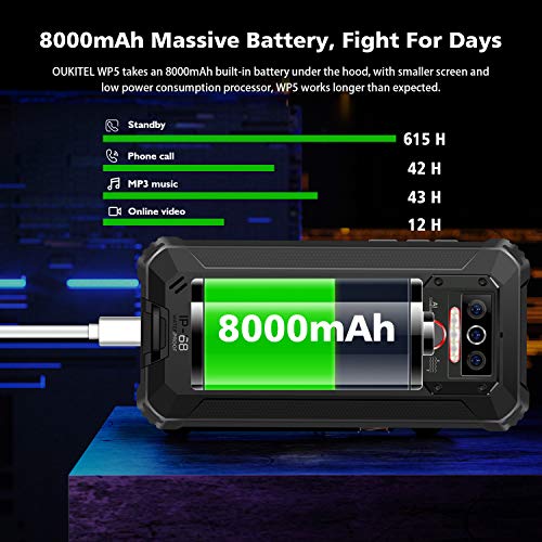 OUKITEL WP5 Pro(2021) Android 10.0 Teléfono Resistente, 8000mAh Batería, 4GB RAM + 64GB ROM, Impermeable IP68 Rugged Smartphone, 5.5 Pulgadas HD, Telefono Movil Robusto,4 LED(Negro)