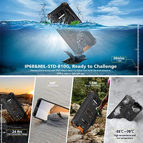 OUKITEL WP5 Telefono Movil Antigolpes, Batería Grande de 8000 mAh Móvil Resistente, 5.5 Pulgadas,Cámara Triple, Android 10 Smartphone 4GB RAM + 32GB ROM,con 4 Linternas LED Súper Brillantes-Naranja