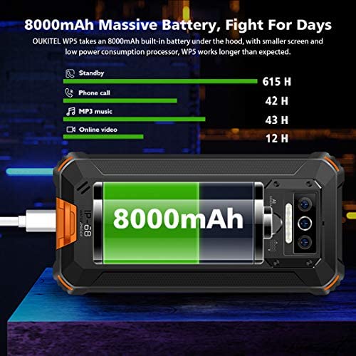 OUKITEL WP5 Telefono Movil Antigolpes, Batería Grande de 8000 mAh Móvil Resistente, 5.5 Pulgadas,Cámara Triple, Android 10 Smartphone 4GB RAM + 32GB ROM,con 4 Linternas LED Súper Brillantes-Naranja