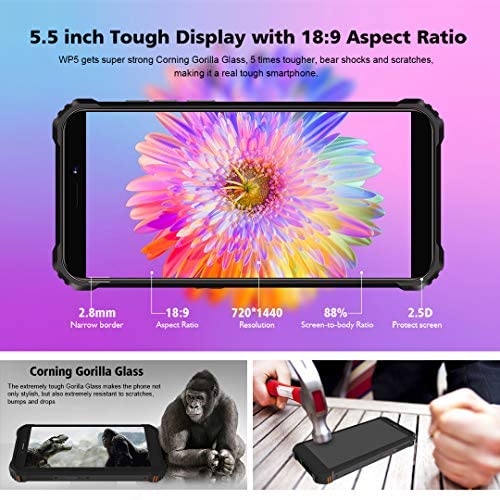 OUKITEL WP5 Telefono Movil Antigolpes, Batería Grande de 8000 mAh Móvil Resistente, 5.5 Pulgadas,Cámara Triple, Android 10 Smartphone 4GB RAM + 32GB ROM,con 4 Linternas LED Súper Brillantes-Naranja
