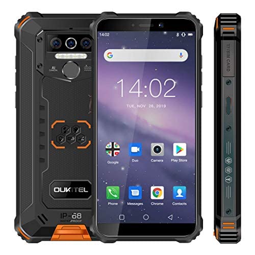 OUKITEL WP5 Telefono Movil Antigolpes, Batería Grande de 8000 mAh Móvil Resistente, 5.5 Pulgadas,Cámara Triple, Android 10 Smartphone 4GB RAM + 32GB ROM,con 4 Linternas LED Súper Brillantes-Naranja