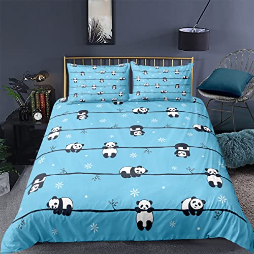 OVASGL Cartoon Panda On The Line Blue Soft and Lightness 3D Printed Microfiber King Size Home Duvet Cover Set(260x220cm)，Decor Pattern Printed Comforter with 2 Pillowcases(50x75cm)
