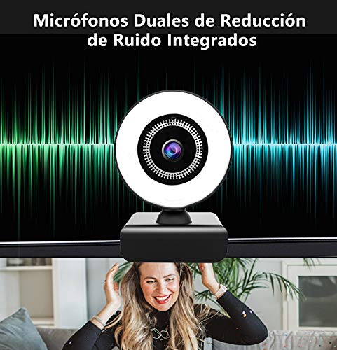 OVIFM Webcam con Micrófono y Anillo de Luz, Camara Web 2K para PC/Mac/Ordenador Portatil/Sobremesa, Plug and Play USB 2.0/3.0, Web CAM para Youtube, Skype, Zoom, Xbox One, PS4 y Videoconferencia