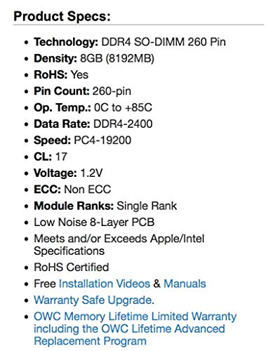 OWC 8GB 2400MHZ DDR4 SO-DIMM PC4-19200 Actualización de Memoria para iMac 2017 de 27 Pulgadas con Pantalla Retina 5K, (OWC2400DDR4S8GB)