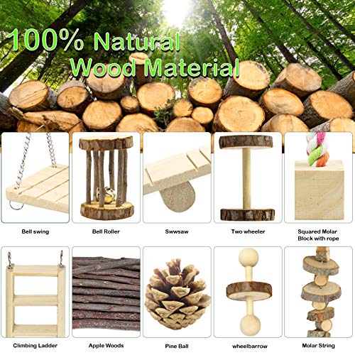 O'woda Juego de 12 Juguetes para Masticar Hámster, Conejos, Cobayas, Ardilla, Loros y Animales Pequeños, Madera Natural Dientes Cuidado Molar Juguete