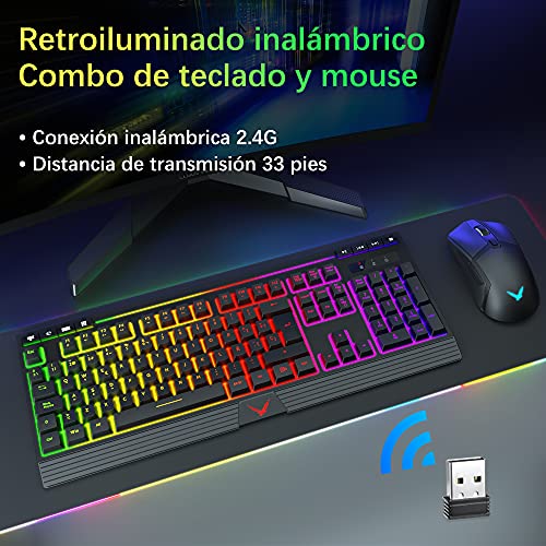 Pack Teclado y Raton Inalámbricos Retroiluminados, TopMate 2.4G Kit Teclado y Mouse Gaming Recargable LED Light Up Arcoíris, Ratón y Teclado Español con Teclas Multimedia, para PC/Portátil/Windows/Mac