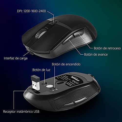 Pack Teclado y Raton Inalámbricos Retroiluminados, TopMate 2.4G Kit Teclado y Mouse Gaming Recargable LED Light Up Arcoíris, Ratón y Teclado Español con Teclas Multimedia, para PC/Portátil/Windows/Mac