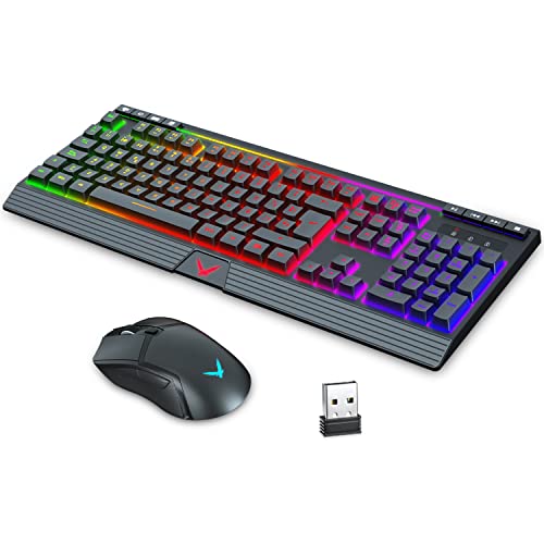 Pack Teclado y Raton Inalámbricos Retroiluminados, TopMate 2.4G Kit Teclado y Mouse Gaming Recargable LED Light Up Arcoíris, Ratón y Teclado Español con Teclas Multimedia, para PC/Portátil/Windows/Mac