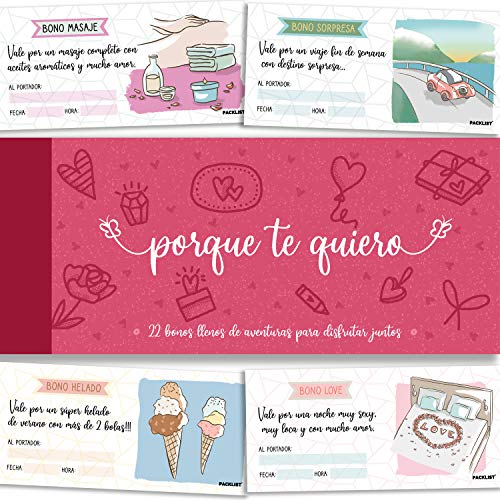 PACKLIST Talonario para Parejas, 22 Románticos Vales para Regalar - Porque Te Quiero - Regalos para Parejas y Enamorados. Ideal Regalo Novia, Regalos Románticos para Mujer, Regalo Aniversario Hombre