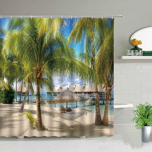 Palmera Océano Animal Paisaje Cortinas de Ducha Playa Delfín Mar Estrella de mar Paisaje Decoración de baño Cortina de baño S.14 180x200cm