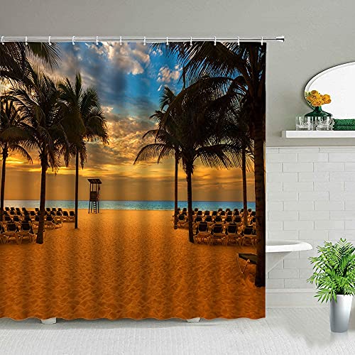 Palmera Océano Animal Paisaje Cortinas de Ducha Playa Delfín Mar Estrella de mar Paisaje Decoración de baño Cortina de baño S.14 180x200cm