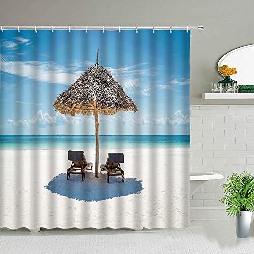 Palmera Océano Animal Paisaje Cortinas de Ducha Playa Delfín Mar Estrella de mar Paisaje Decoración de baño Cortina de baño S.14 180x200cm