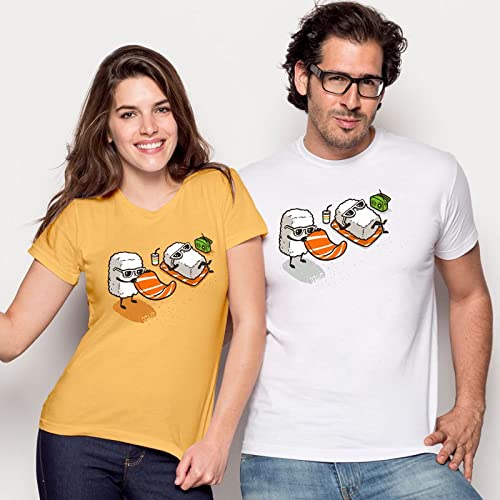 Pampling Camiseta Summer Sushi - Playa - 100% Algodón - Serigrafía - Color Mostaza - Talla XL