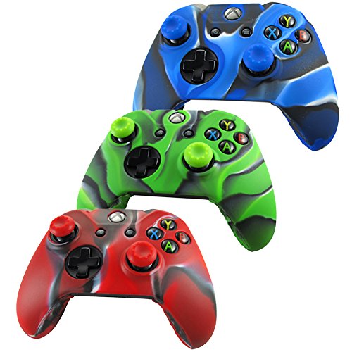 Pandaren® Piel Fundas Protectores para el Mando Xbox One x 3 + pulgar agarre thumb grip x 6(camuflaje rojo azul verde)