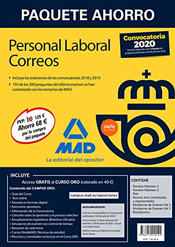 Paquete Ahorro Personal Laboral Correos 2020. Ahorra 68 € (incluye Temarios 1 y 2; Test; Nuevos test comentados y argumentados; Simulacros de Examen 1 y 2; Psicotécnico y acceso a Curso Oro)