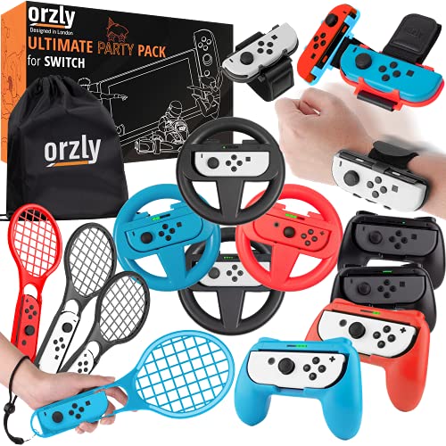 Paquete de accesorios de fiesta Orzly para Nintendo Switch Console con controladores y ruedas de carreras, bandas de baile, raquetas de tenis -16 accesorios para fiestas y bolsa de transporte