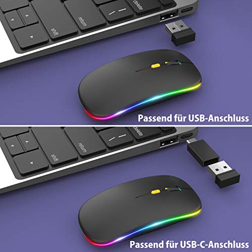PASONOMI Raton Inalámbrico LED Recargable, Silencioso 2.4G USB Ratón Ultra Delgado 1600 dpi con receptor tipo C para Computadora Portátil, PC, Mac (Negro)