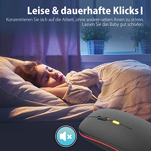 PASONOMI Raton Inalámbrico LED Recargable, Silencioso 2.4G USB Ratón Ultra Delgado 1600 dpi con receptor tipo C para Computadora Portátil, PC, Mac (Negro)