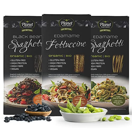 Pasta orgánica de edamame y judías negras de Planet Plant-Based (pack de 3 × 200 g) | Espaguetis de edamame | Espaguetis de judías negras | Fettuccine de edamame | Vegano | Orgánico | Sin gluten