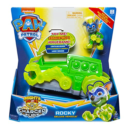 PAW Patrol Mighty Pups Charged Up Rocky's Deluxe - Vehículo con Luces y Sonidos de la Patrulla Canina